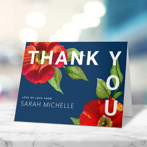 Bat Mitzvah Navy Blue Modern Red Floral Watercolor Thank You Card