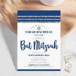 Bat Mitzvah Navy Blue Script Simple Modern Tallit Invitation<br><div class="desc">Be proud, rejoice and showcase this milestone of your favorite Bat Mitzvah! Send out this cool, unique, modern, personalized invitation for an event to remember. Bold, navy blue script typography, Star of David and a navy blue and silver glitter striped tallit inspired graphic overlay a simple, white background. Personalize the...</div>
