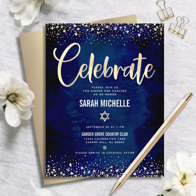 Bat Mitzvah Navy Gold Foil Glitter Script Modern Enclosure Card (Creator Uploaded)