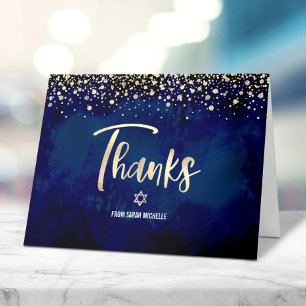 Bat Mitzvah Navy Gold Glitter Foil Elegant Script Letterpress Thank You Card