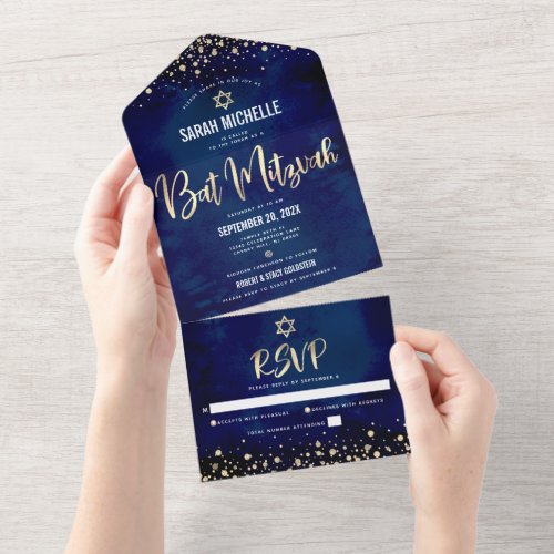 Bat Mitzvah Navy Gold Glitter Script Modern Bold All In One Invitation