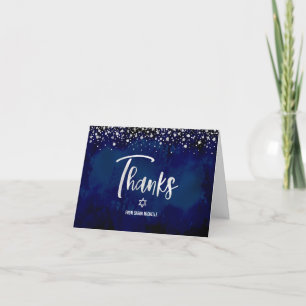 Bat Mitzvah Navy Silver Glitter Foil Modern Script Thank You Card