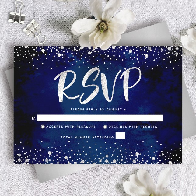 Bat Mitzvah Navy Silver Glitter Script Watercolor RSVP Card (Creator Uploaded)