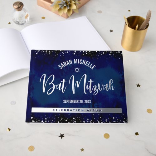 Bat Mitzvah Navy Watercolor Bold Real Silver Foil Foil Guest Book