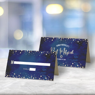 Bat Mitzvah Navy Watercolor Gold Glitter Script Place Card