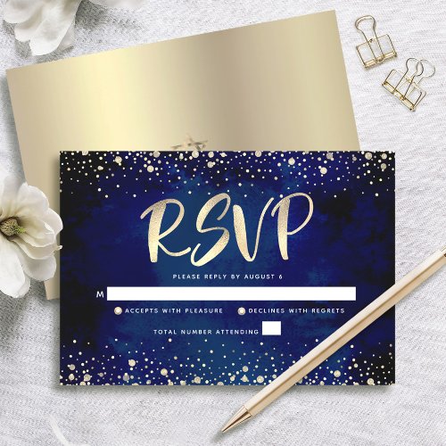 Bat Mitzvah Navy Watercolor Gold Glitter Script RSVP Card