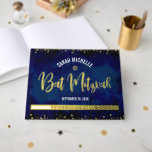 Bat Mitzvah Navy Watercolor Script Real Gold Foil Foil Guest Book<br><div class="desc">Let your favorite Bat Mitzvah be proud, rejoice and celebrate her milestone with this stunning keepsake scrapbook real gold foil guestbook. On the front, stunning, modern, sparkly gold foil handwritten script, Star of David and tiny dots overlay a dramatic navy blue watercolor background. The customizable spine is real gold foil....</div>