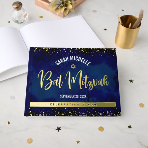 Bat Mitzvah Navy Watercolor Script Real Gold Foil Foil Guest Book