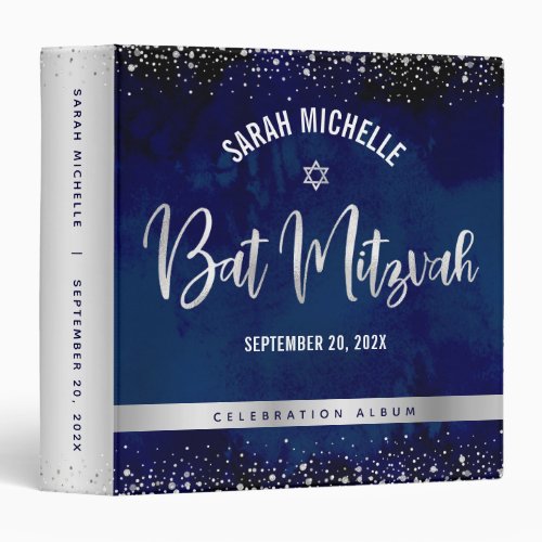 Bat Mitzvah Navy Watercolor Silver Glitter Script 3 Ring Binder