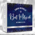 Bat Mitzvah Navy Watercolor Silver Glitter Script 3 Ring Binder<br><div class="desc">Let your favorite Bat Mitzvah be proud, rejoice and celebrate her milestone with this stunning keepsake scrapbook memory album. Sparkly, silver faux foil handwritten calligraphy script and confetti glitter dots overlay a sophisticated, dramatic navy blue watercolor background. A faux silver foil Star of David overlays a faux silver metallic ombre...</div>