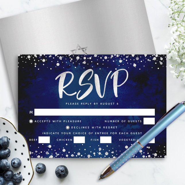 Bat Mitzvah Navy Watercolor Silver Script Entrée RSVP Card (Creator Uploaded)