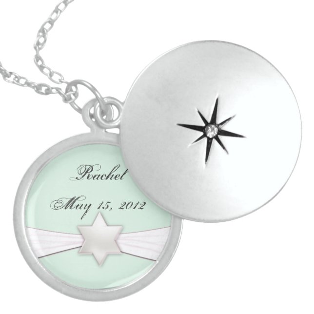 Bat Mitzvah necklace in mint green and white (Front)