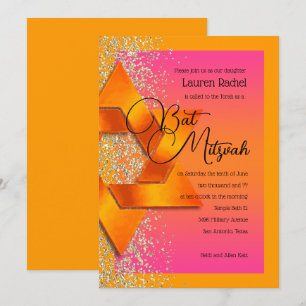 Bat Mitzvah Orange Pink Ombre Faux Gold Glitter Invitation