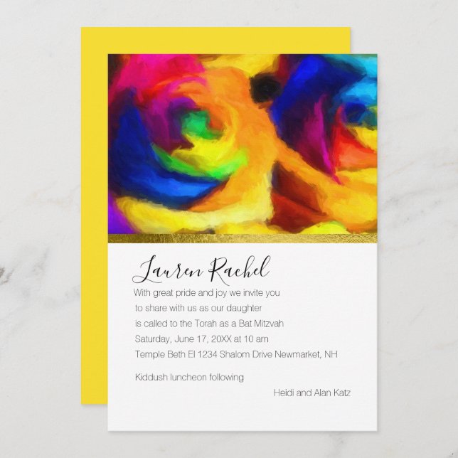 Bat Mitzvah Painted Rainbow Roses Invitation (Front/Back)