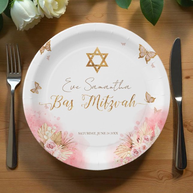 Bat Mitzvah Paper Plates | Pink Blush Butterflies (Creator Uploaded)