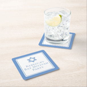 Bat Mitzvah Party Light Blue Star of David Square Paper Coaster