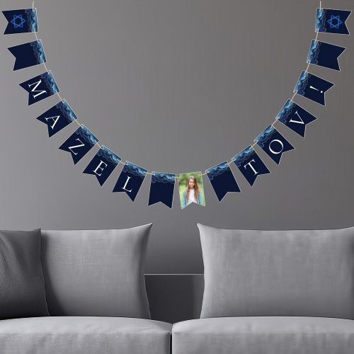 Bat Mitzvah Party Mazel Tov Navy Blue Photo Bunting Flags