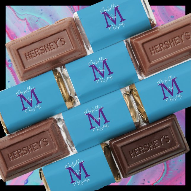 Bat Mitzvah Party Name Purple Monogram Sky Blue Hershey's Miniatures (Creator Uploaded)