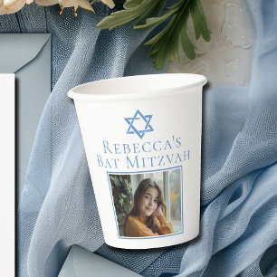 Bat Mitzvah Photo Blue Star of David Party Paper Cups