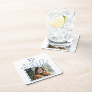 Bat Mitzvah Photo Blue Star of David Party Square Paper Coaster
