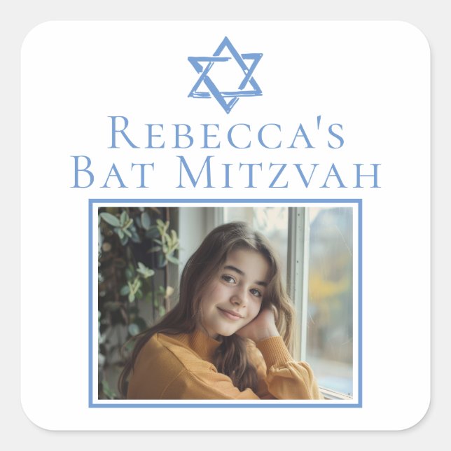 Bat Mitzvah Photo Blue Star of David Party Square Sticker (Front)