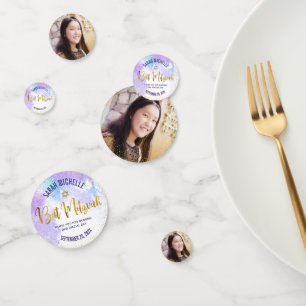 Bat Mitzvah Photo Gold Script Purple Watercolor Confetti