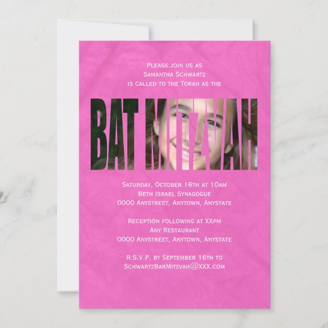 Bat Mitzvah Photo Invitation in Hot Pink (Front)