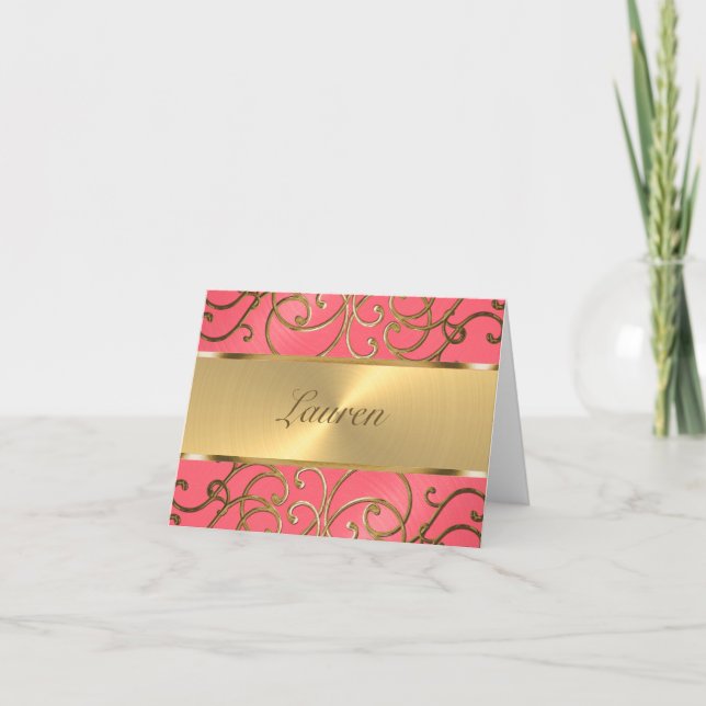 Bat Mitzvah Pink and Gold Filigree Swirls Card (Front)