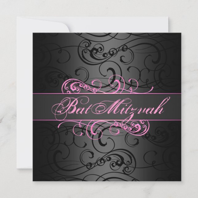 Bat Mitzvah Pink & Black Swirl Birthday Invitation (Front)