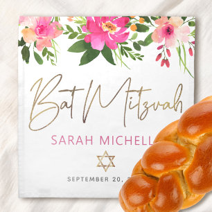 Bat Mitzvah Pink Floral Gold Script Challah Cover Cloth Napkin