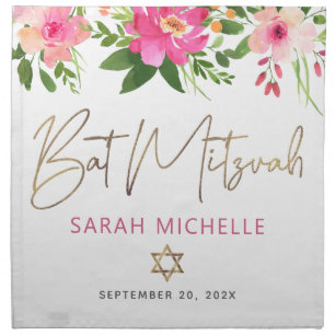 Bat Mitzvah Pink Floral Gold Script Challah Cover Cloth Napkin