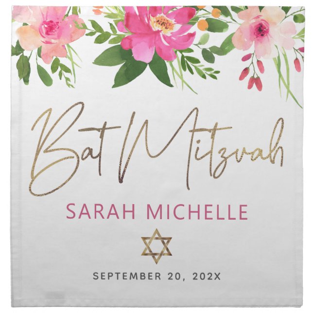 Bat Mitzvah Pink Floral Gold Script Challah Cover Cloth Napkin (Front)