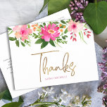 Bat Mitzvah Pink Floral Gold Script Thank You Postcard<br><div class="desc">Make sure your favorite Bat Mitzvah shows her appreciation to all who supported her milestone event! Send out this sophisticated, personalized thank you postcard! A chic, stunning, pink and peach floral watercolor with faux gold foil script typography and modern dusty rose sans serif type overlay a white background. A gold...</div>