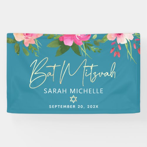 Bat Mitzvah Pink Floral Gold Script Turquoise Bold Banner