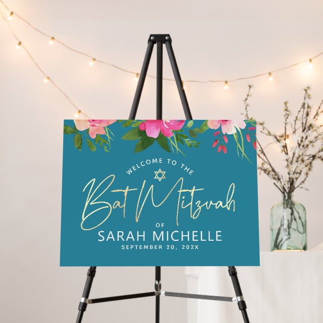 Bat Mitzvah Pink Floral Gold Turquoise Welcome Foam Board (In Situ (Stand))