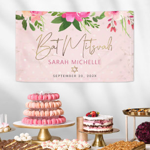 Bat Mitzvah Pink Floral Watercolor Gold Script Banner