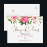 Bat Mitzvah Pink Floral Watercolor Gold Script Invitation Postcard<br><div class="desc">Make sure all your friends and relatives will still be able to celebrate your daughter’s milestone Bat Mitzvah, regardless of current global unforeseen circumstances. Send out this chic, personalized “Change of Plans” announcement postcard. A stunning, pink and peach floral watercolor with faux gold foil script typography and modern dusty rose...</div>