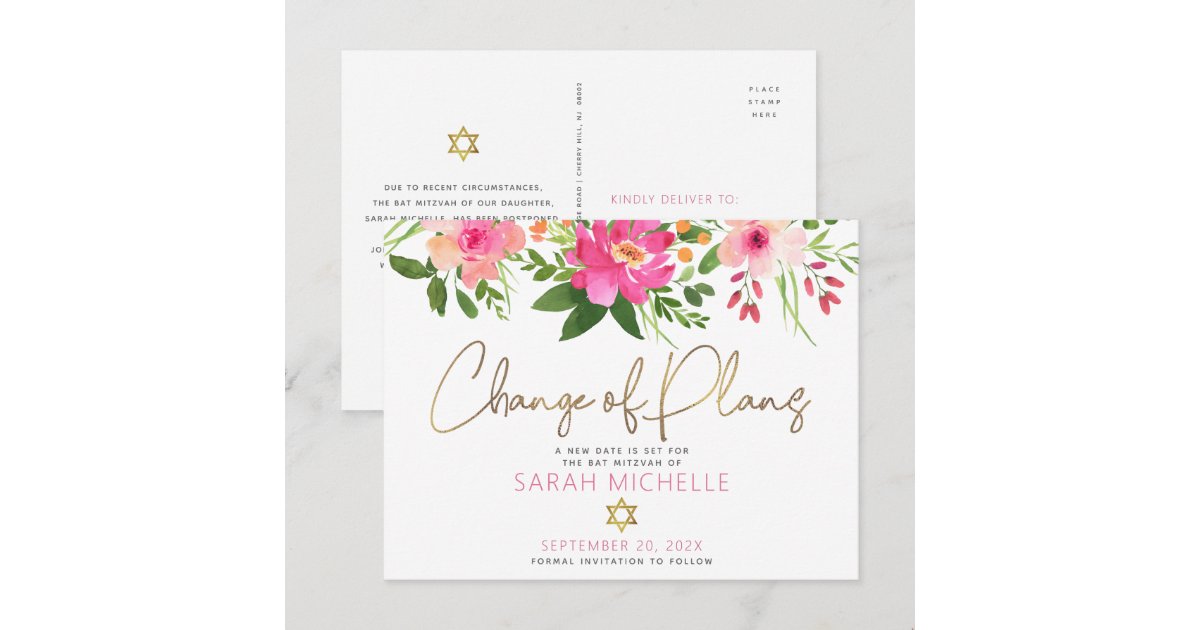 Bat Mitzvah Pink Floral Watercolor Gold Script Invitation Postcard | Zazzle