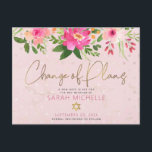 Bat Mitzvah Pink Floral Watercolor Modern Script Invitation Postcard<br><div class="desc">Make sure all your friends and relatives will still be able to celebrate your daughter’s milestone Bat Mitzvah, regardless of current global unforeseen circumstances. Send out this chic, personalized “Change of Plans” announcement postcard. A stunning, pink and peach floral watercolor with faux gold foil script typography and modern dusty rose...</div>