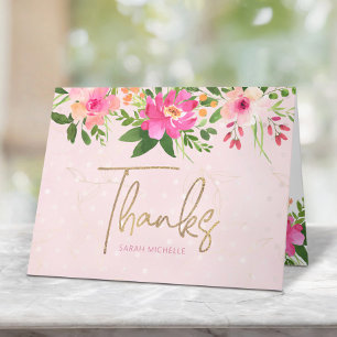 Bat Mitzvah Pink Floral Watercolor Modern Script Letterpress Thank You Card