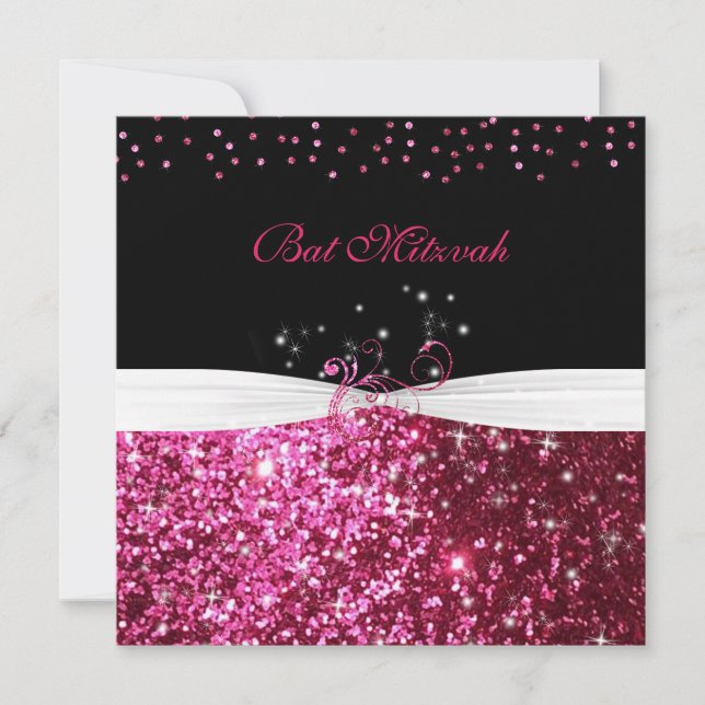 Bat Mitzvah Pink Glitter White Satin Invitation (Front)