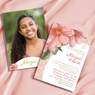 Bat Mitzvah Pink Gold Elegant Floral Photo  Invitation