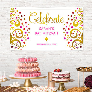Bat Mitzvah Pink Gold Foil Script Tree of Life Banner