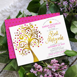 Bat Mitzvah Pink Gold Foil Script Tree of Life Invitation