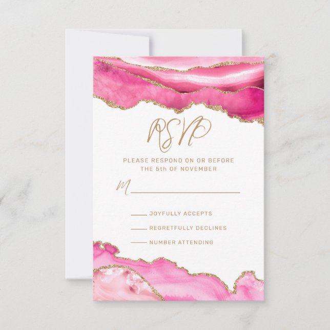 Bat Mitzvah Pink Gold Glitter Agate RSVP Card (Front)