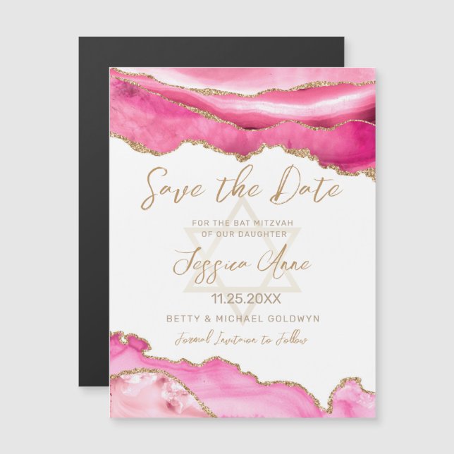 Bat Mitzvah Pink Gold Glitter Agate Save the Date (Front/Back)