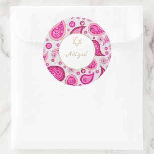 Bat Mitzvah Pink Gold Pattern Modern Classic Round Sticker