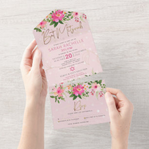 Bat Mitzvah Pink Gold Script Floral Watercolor All In One Invitation