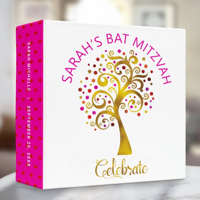 Bat Mitzvah Pink & Gold Tree of Life Chic Keepsake 3 Ring Binder (Creator Uploaded)