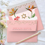 Bat Mitzvah Pink Gold Tropical Floral Watercolor Envelope<br><div class="desc">Open up this dusty rose pink envelope and you’ll find a surprise, graphic visual of colorful tropical watercolor birds of paradise flowers and a faux gold foil Star of David and tiny glitter dots overlaying a pale, dusty, light pink background. The outside back flap boasts faux gold glitter dots and...</div>